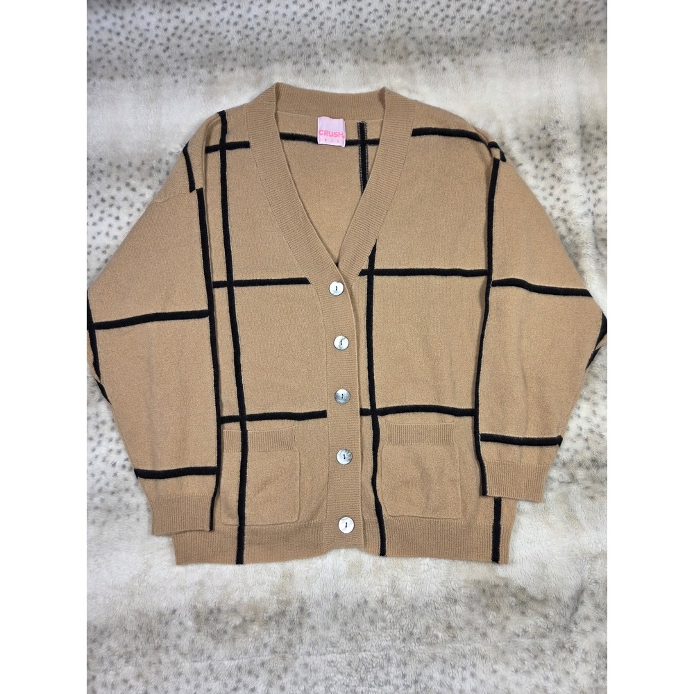 CRUSH 100% Cashmere Windowpane Plaid Cardigan Camel Black Size 1